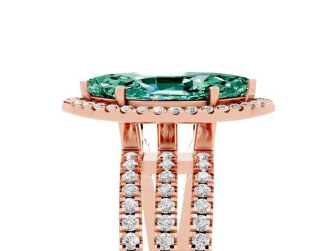 Rose gold {shape_name} Green Sapphire Halo Engagement Ring with Split Shank and Four-Prong Setting_5