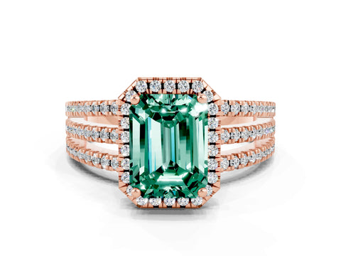 Rose gold {shape_name} Green Sapphire Halo Engagement Ring with Split Shank and Four-Prong Setting