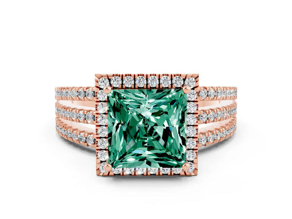 Rose gold Princess Cut Green Sapphire Halo Engagement Ring with Split Shank and Four-Prong Setting