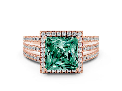 Rose gold {shape_name} Green Sapphire Halo Engagement Ring with Split Shank and Four-Prong Setting
