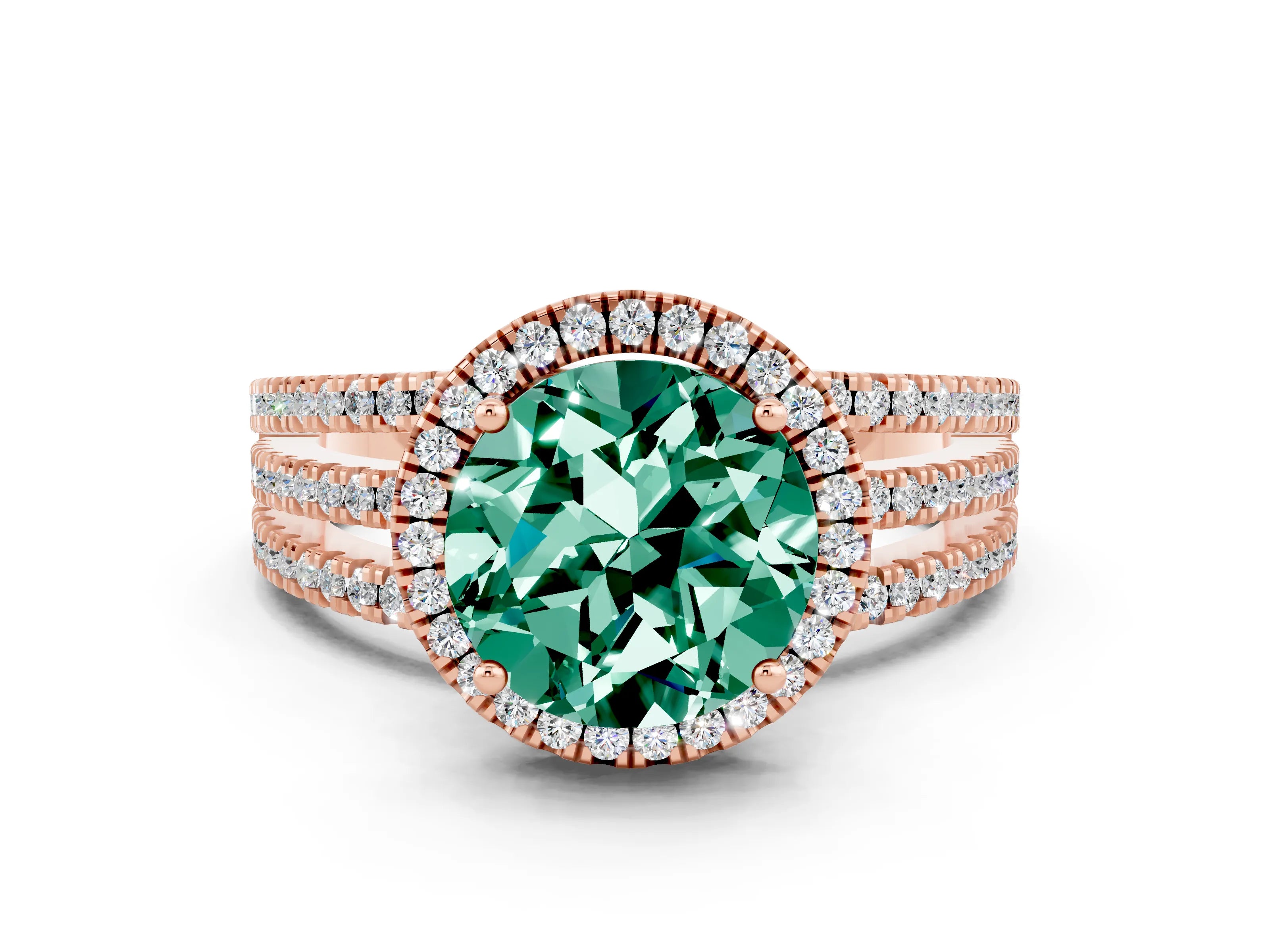 Rose gold {shape_name} Green Sapphire Halo Engagement Ring with Split Shank and Four-Prong Setting