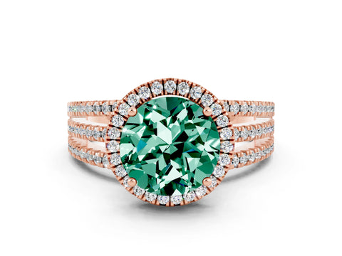 Rose gold {shape_name} Green Sapphire Halo Engagement Ring with Split Shank and Four-Prong Setting