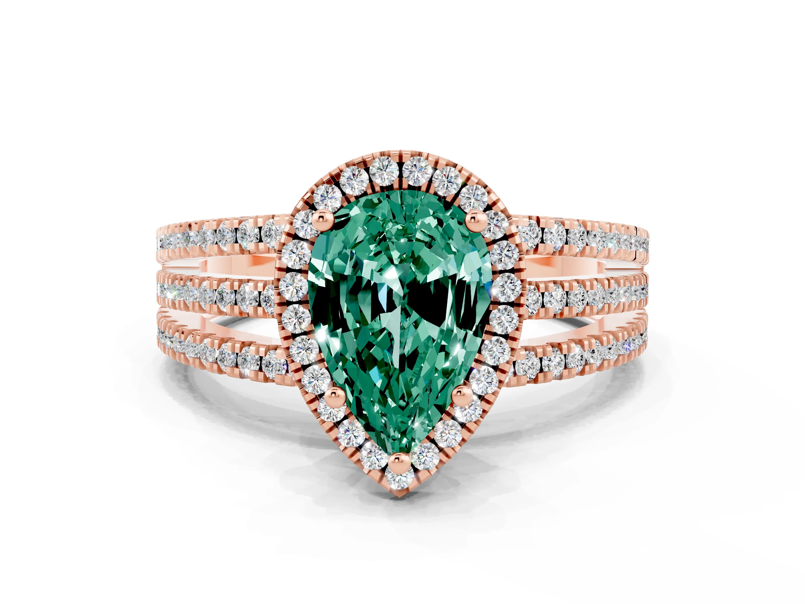Rose gold {shape_name} Green Sapphire Halo Engagement Ring with Split Shank and Four-Prong Setting