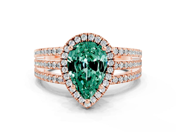 Rose gold Pear Cut Green Sapphire Halo Engagement Ring with Split Shank and Four-Prong Setting
