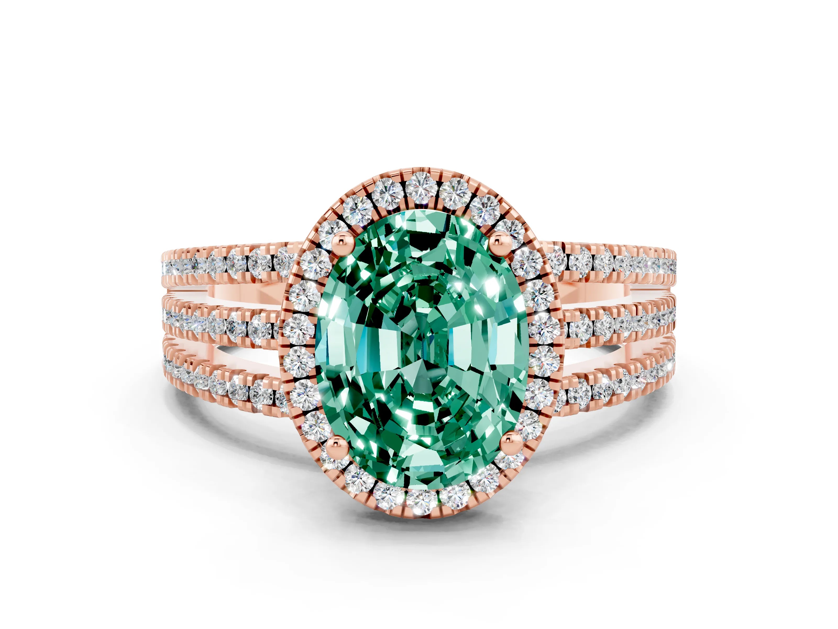 Rose gold {shape_name} Green Sapphire Halo Engagement Ring with Split Shank and Four-Prong Setting