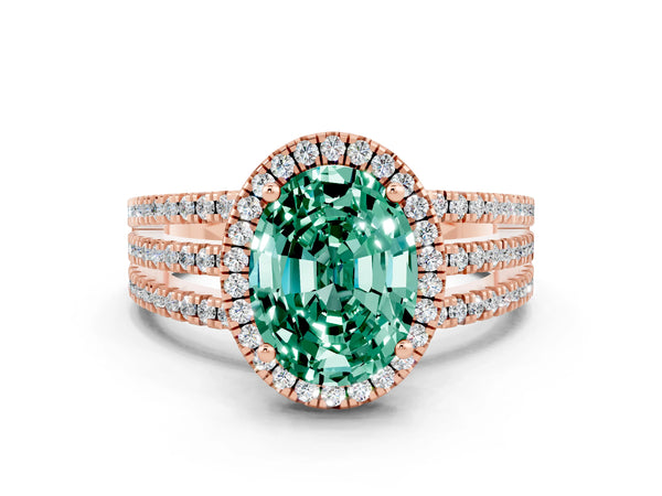 Rose gold Oval Cut Green Sapphire Halo Engagement Ring with Split Shank and Four-Prong Setting