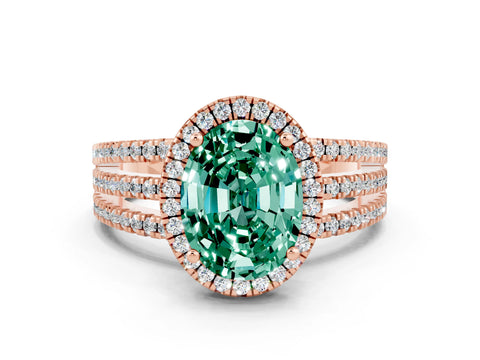 Rose gold {shape_name} Green Sapphire Halo Engagement Ring with Split Shank and Four-Prong Setting