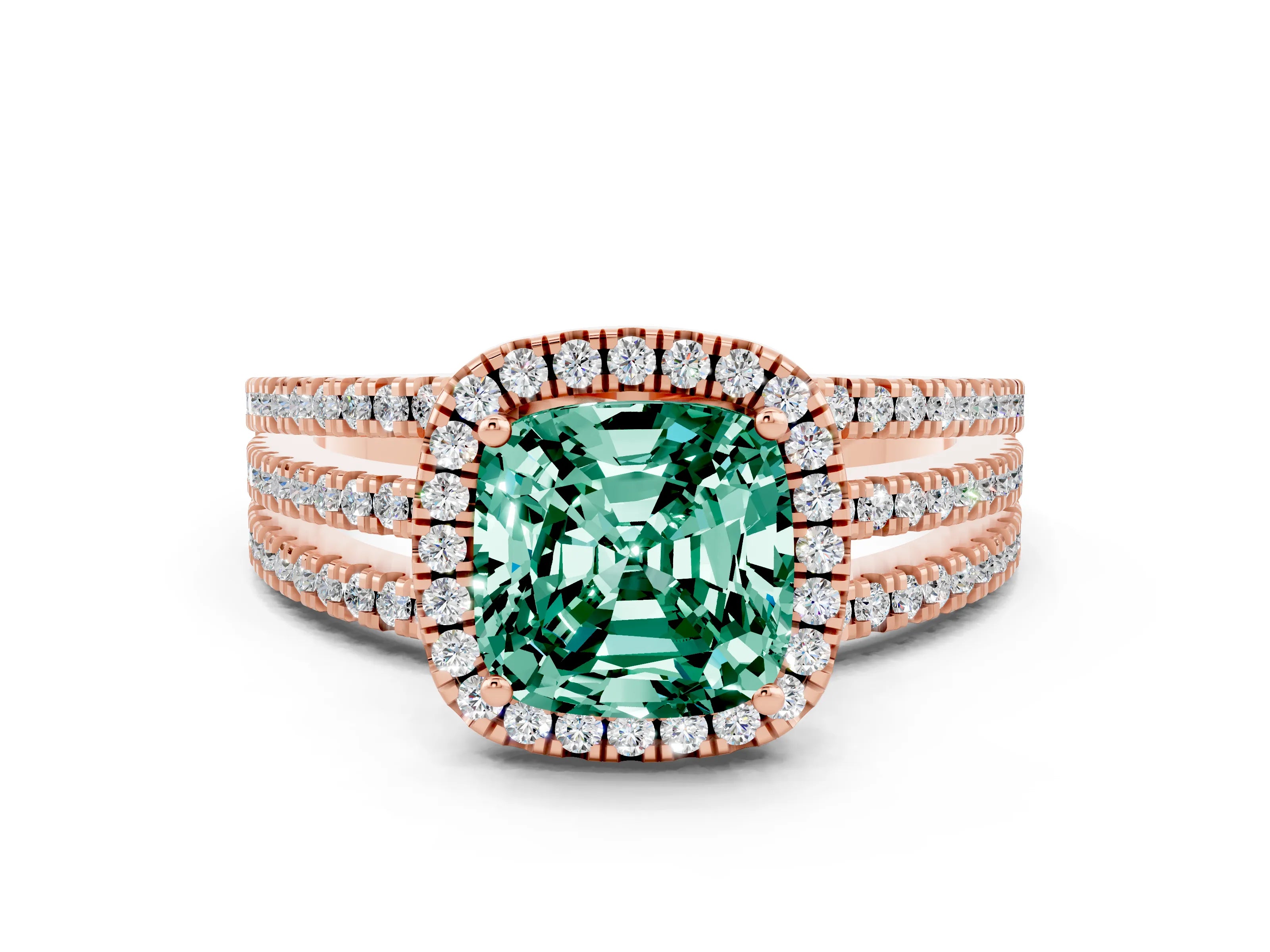 Rose gold {shape_name} Green Sapphire Halo Engagement Ring with Split Shank and Four-Prong Setting