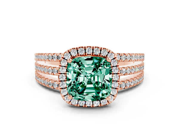 Rose gold Cushion Cut Green Sapphire Halo Engagement Ring with Split Shank and Four-Prong Setting