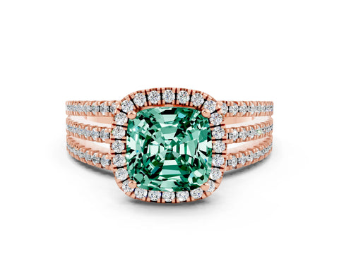 Rose gold {shape_name} Green Sapphire Halo Engagement Ring with Split Shank and Four-Prong Setting