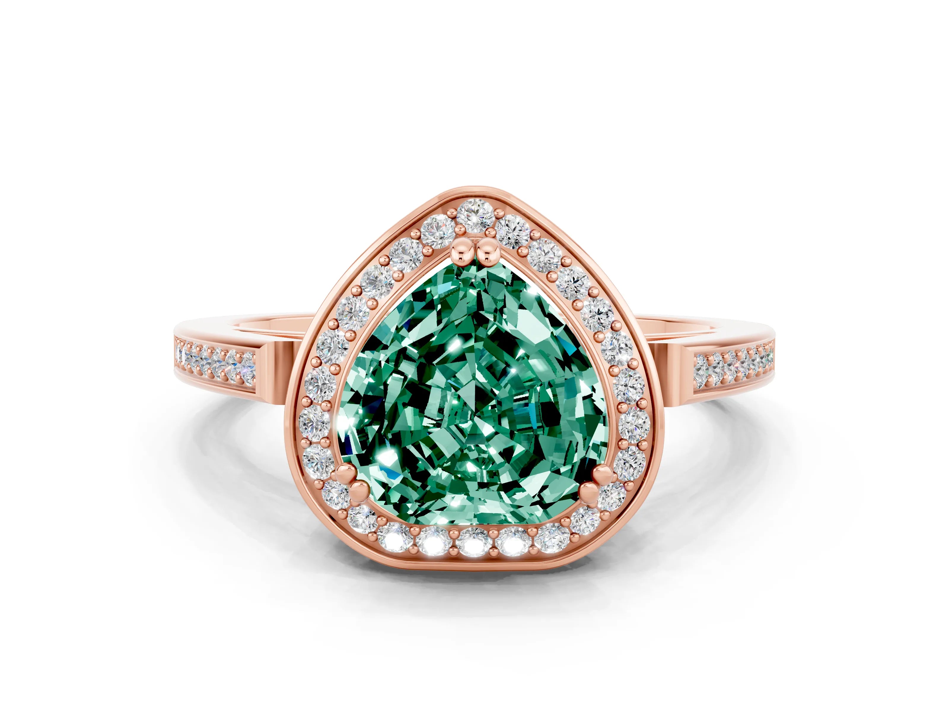 Rose gold {shape_name} Green Sapphire Halo Ring with Split Shank and Four-Prong Setting