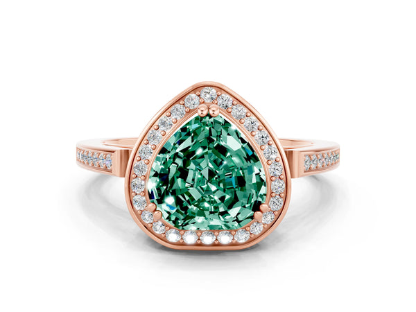 Rose gold Heart Cut Green Sapphire Halo Ring with Split Shank and Four-Prong Setting