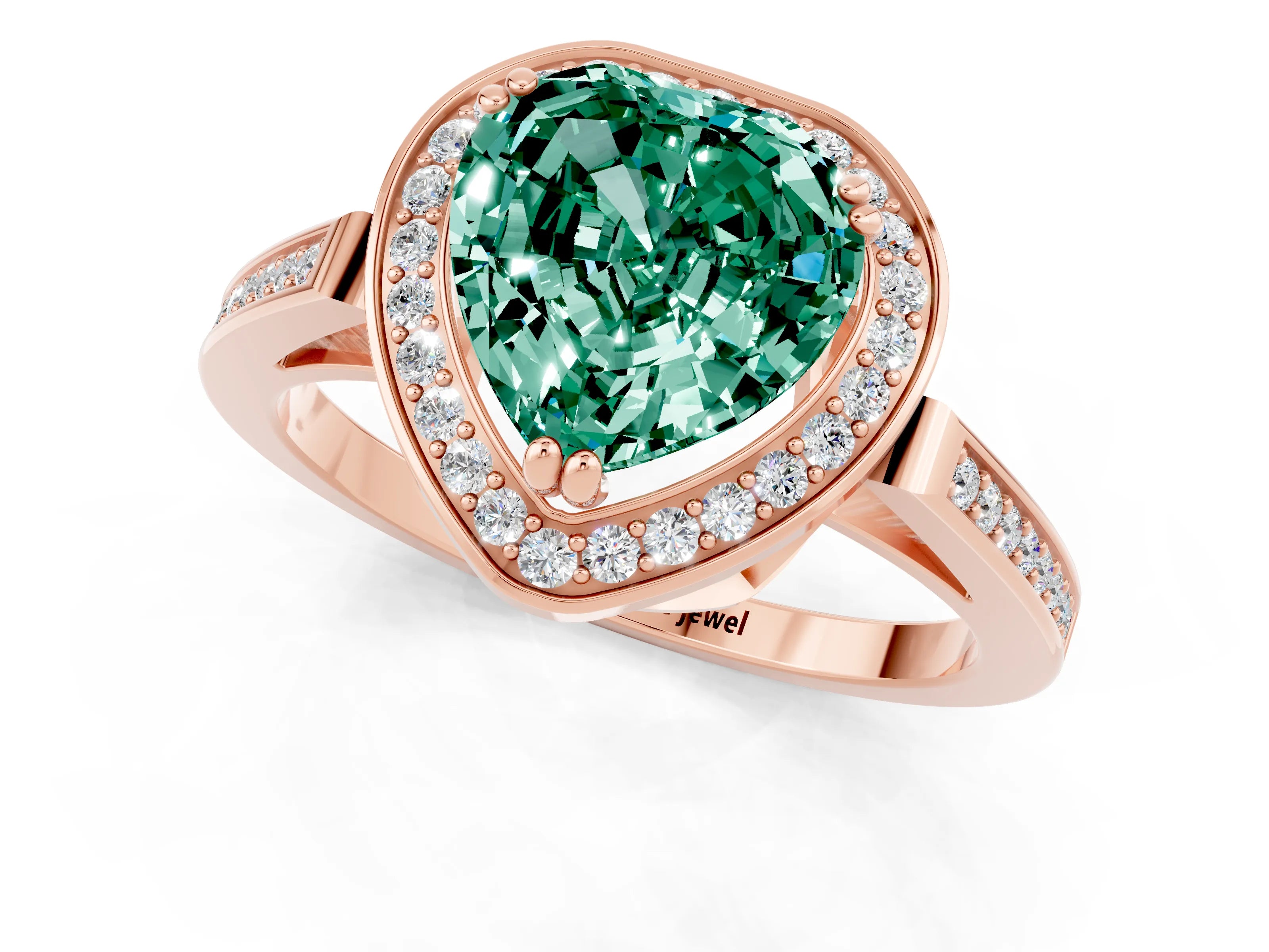 Rose gold {shape_name} Green Sapphire Halo Ring with Split Shank and Four-Prong Setting_1