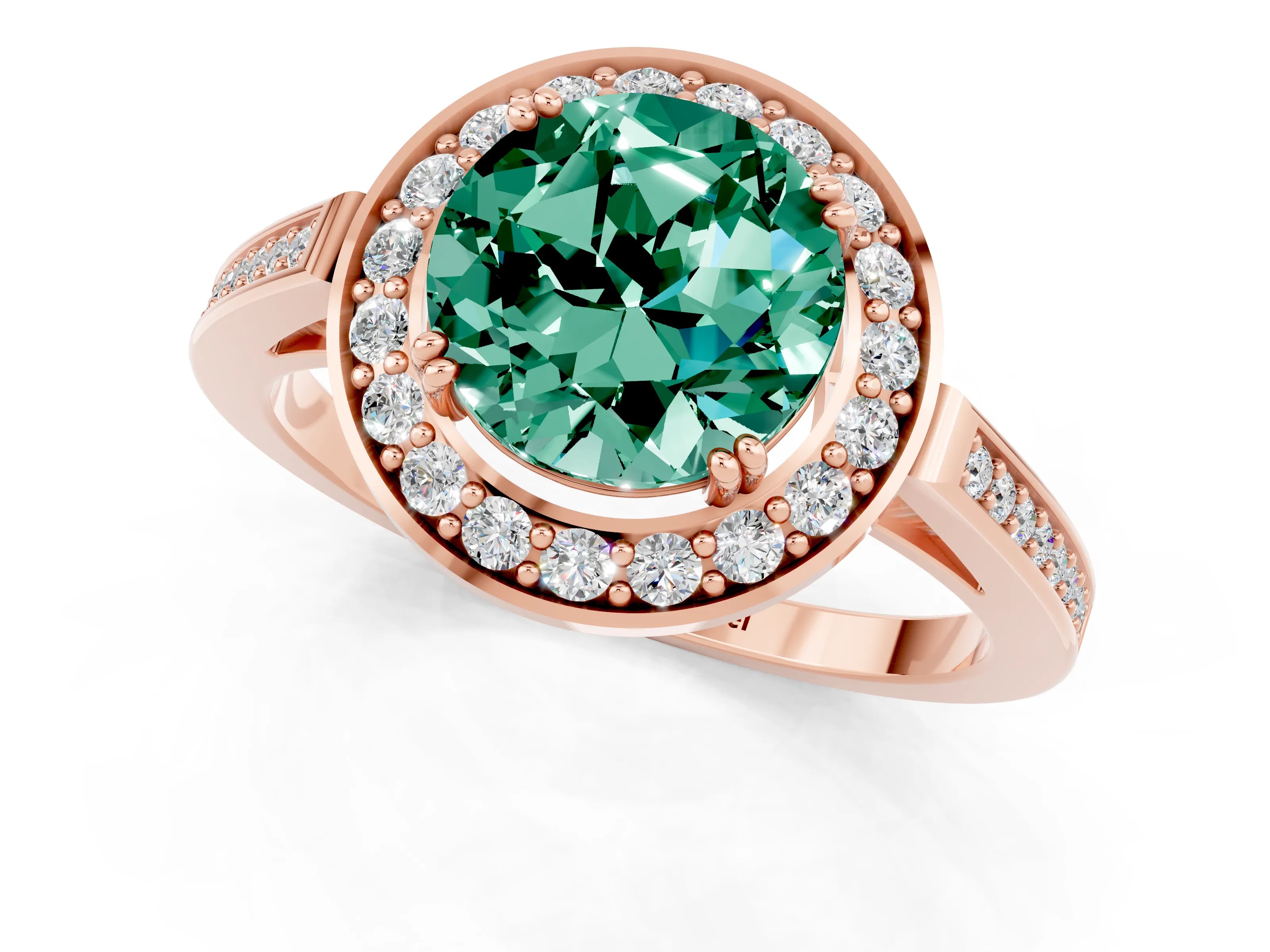 Rose gold {shape_name} Green Sapphire Halo Ring with Split Shank and Four-Prong Setting_1