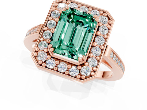 Rose gold {shape_name} Green Sapphire Halo Ring with Split Shank and Four-Prong Setting_1