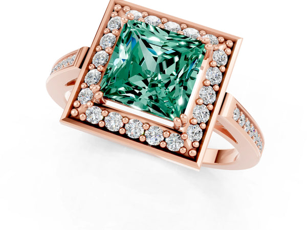 Rose gold Princess Cut Green Sapphire Halo Ring with Split Shank and Four-Prong Setting
