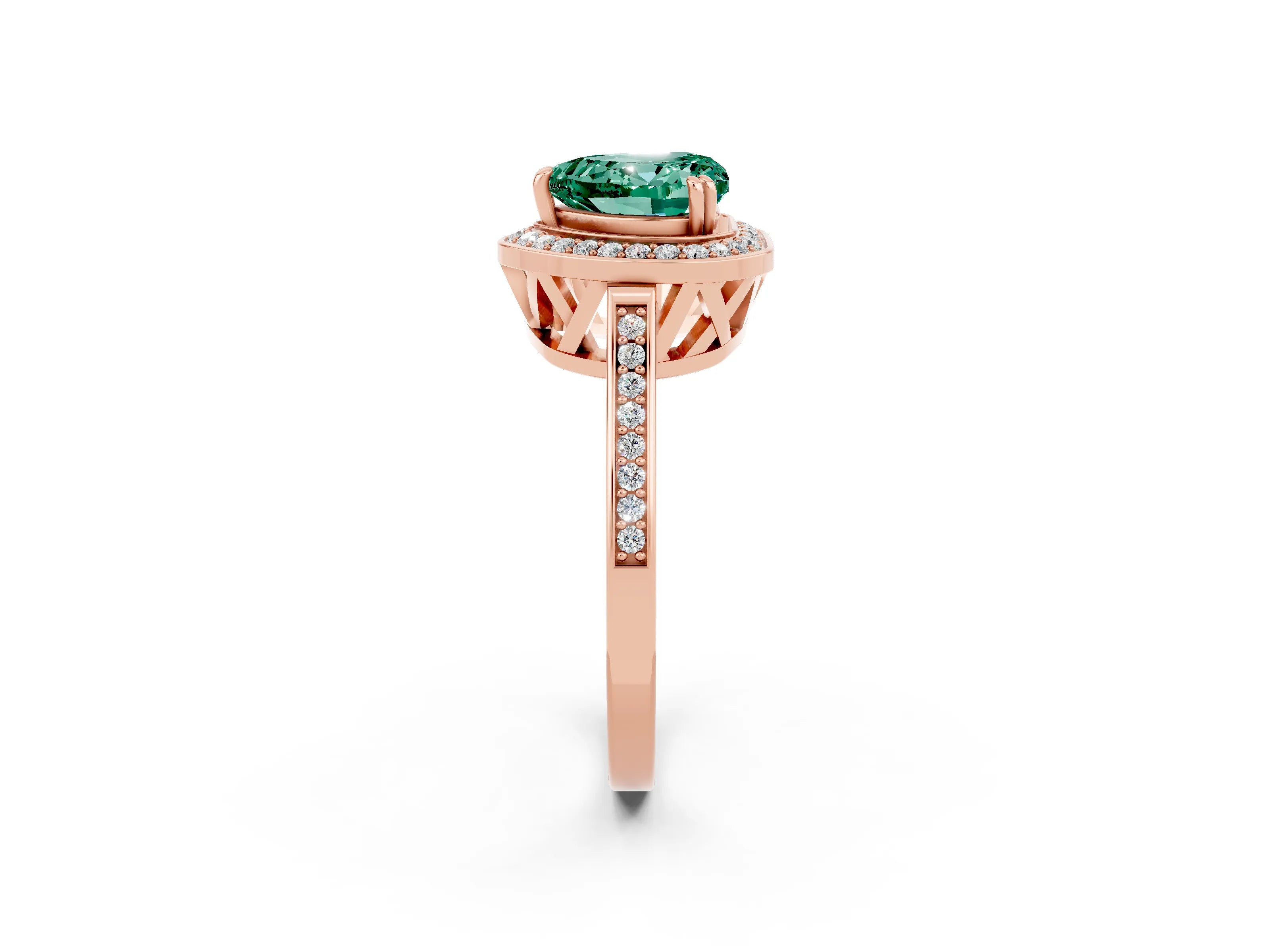 Rose gold {shape_name} Green Sapphire Halo Ring with Split Shank and Four-Prong Setting_2