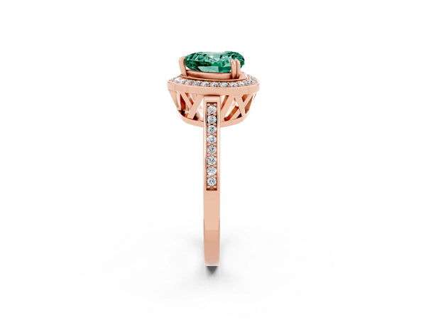 Rose gold Heart Cut Green Sapphire Halo Ring with Split Shank and Four-Prong Setting