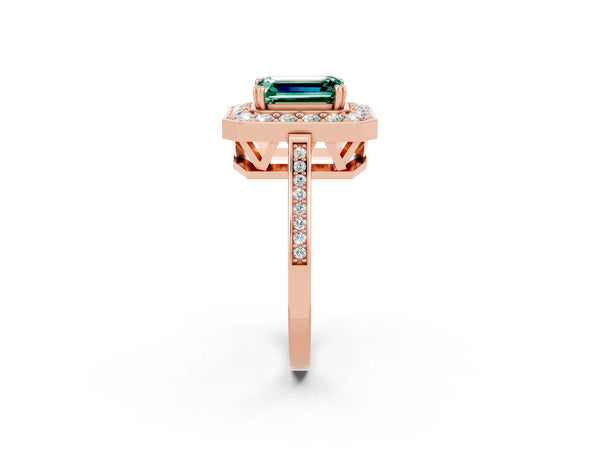 Rose gold Emerald Cut Green Sapphire Halo Ring with Split Shank and Four-Prong Setting
