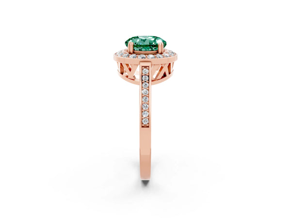 Rose gold Round Cut Green Sapphire Halo Ring with Split Shank and Four-Prong Setting
