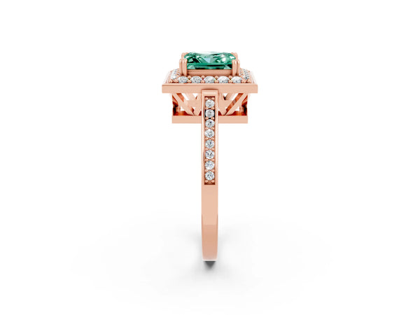 Rose gold Princess Cut Green Sapphire Halo Ring with Split Shank and Four-Prong Setting
