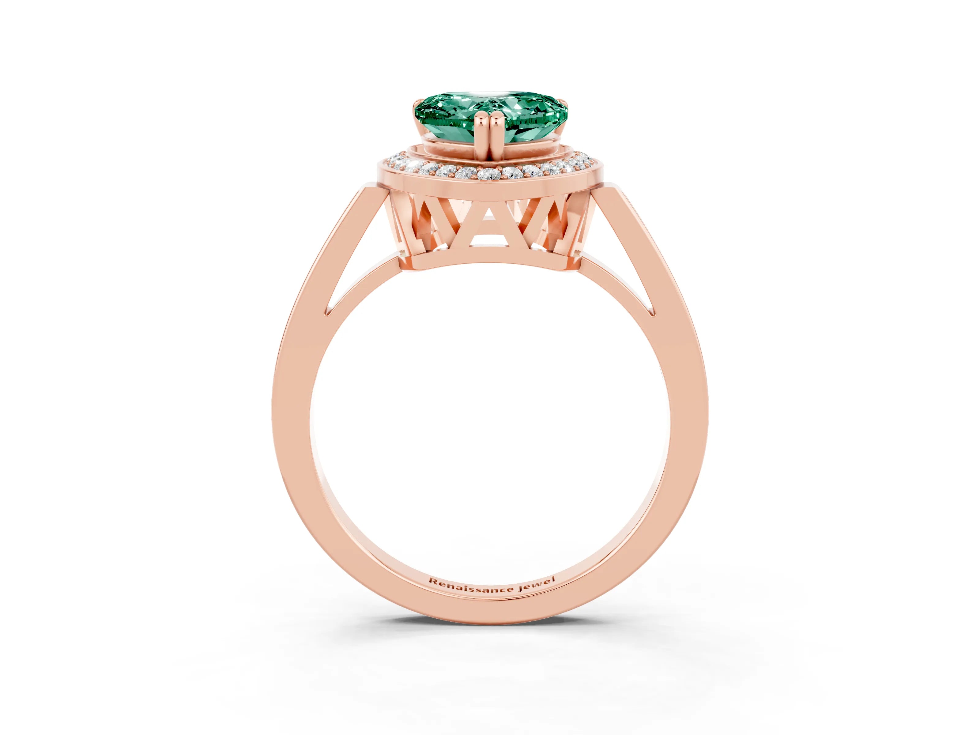 Rose gold {shape_name} Green Sapphire Halo Ring with Split Shank and Four-Prong Setting_3
