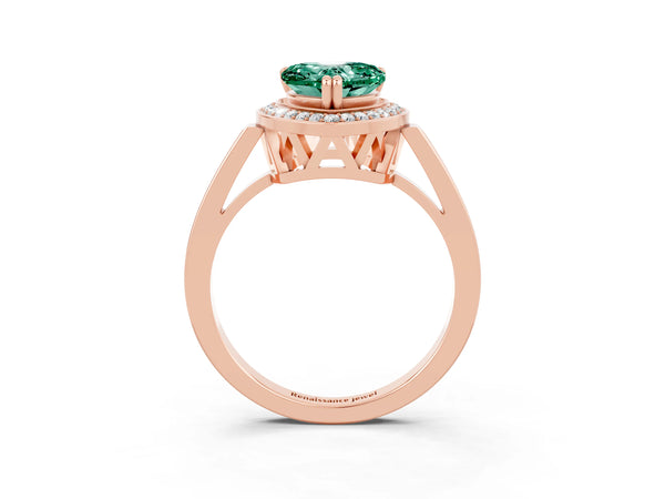 Rose gold Heart Cut Green Sapphire Halo Ring with Split Shank and Four-Prong Setting