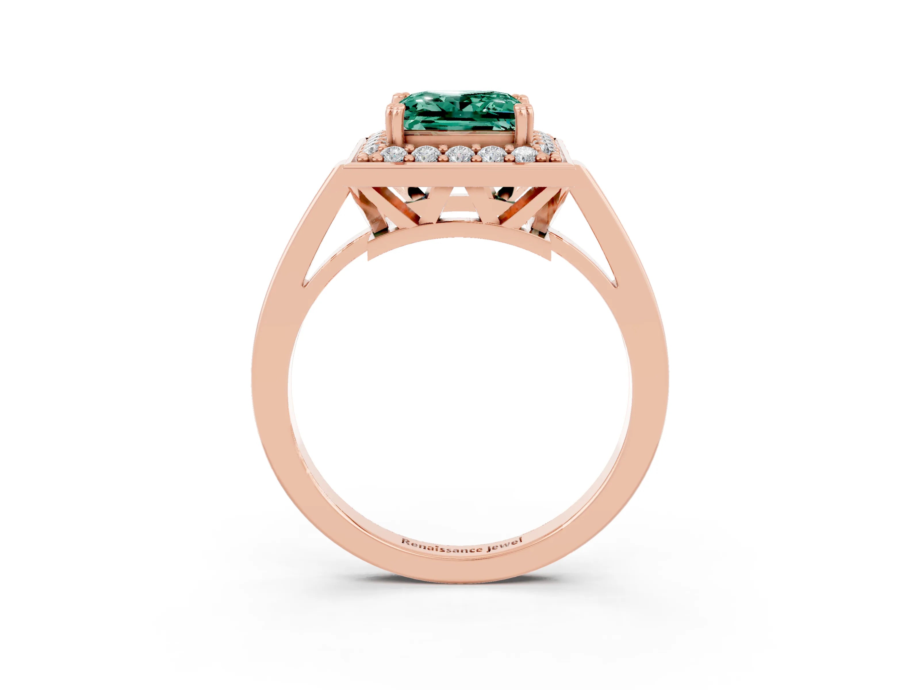 Rose gold {shape_name} Green Sapphire Halo Ring with Split Shank and Four-Prong Setting_3