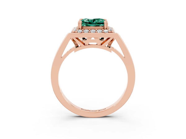 Rose gold Princess Cut Green Sapphire Halo Ring with Split Shank and Four-Prong Setting