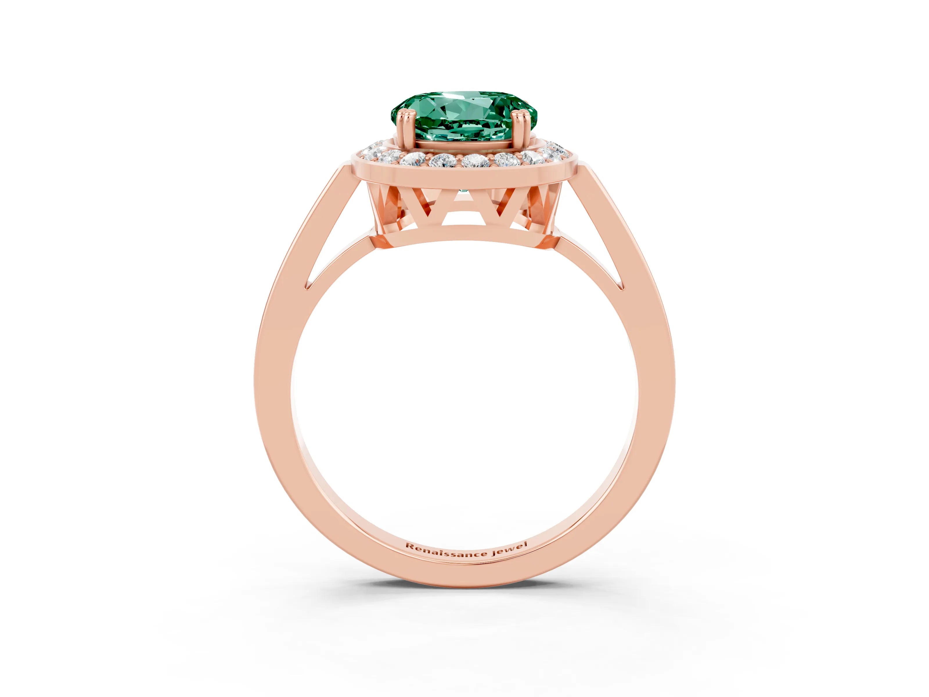 Rose gold {shape_name} Green Sapphire Halo Ring with Split Shank and Four-Prong Setting_3