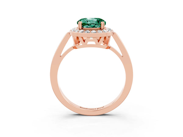 Rose gold Round Cut Green Sapphire Halo Ring with Split Shank and Four-Prong Setting
