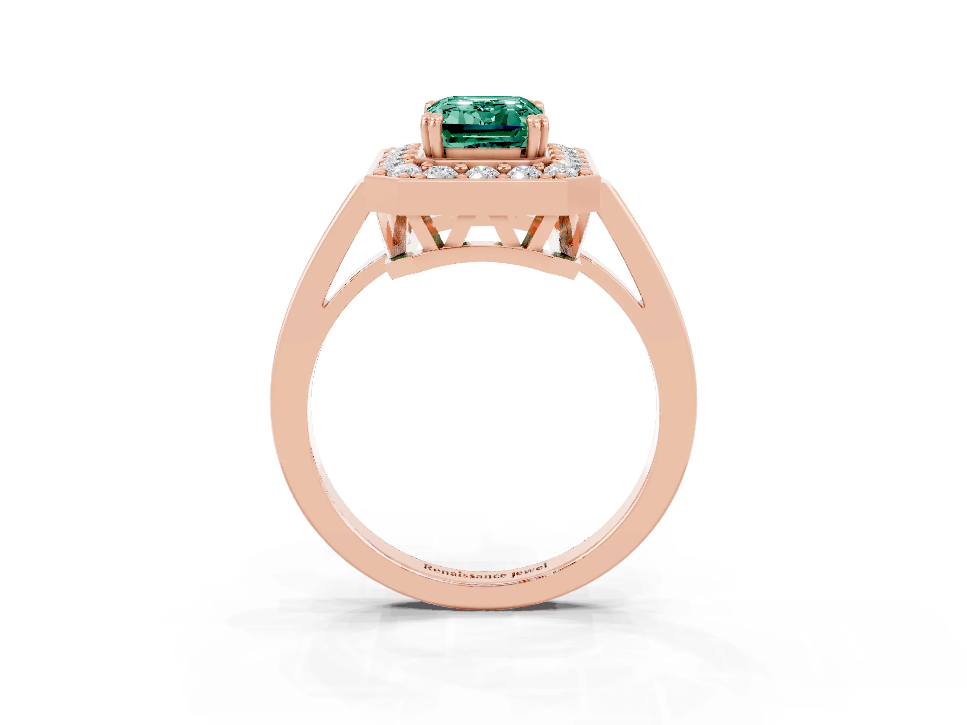 Rose gold {shape_name} Green Sapphire Halo Ring with Split Shank and Four-Prong Setting_3