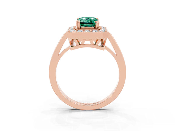Rose gold Emerald Cut Green Sapphire Halo Ring with Split Shank and Four-Prong Setting
