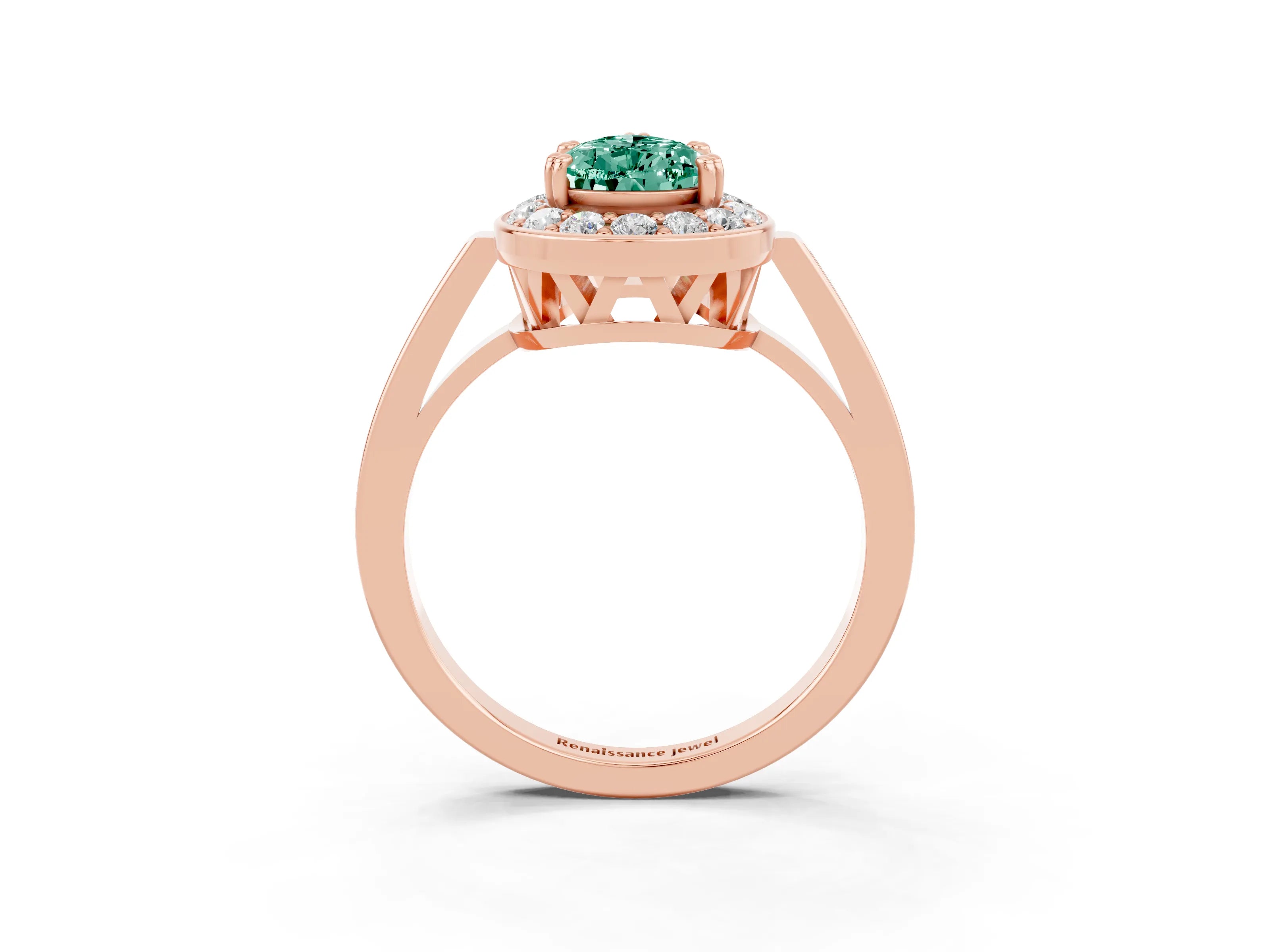Rose gold {shape_name} Green Sapphire Halo Ring with Split Shank and Four-Prong Setting_3