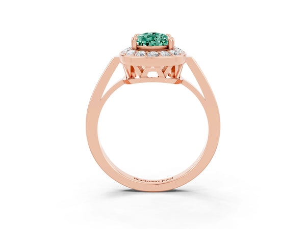 Rose gold Pear Cut Green Sapphire Halo Ring with Split Shank and Four-Prong Setting