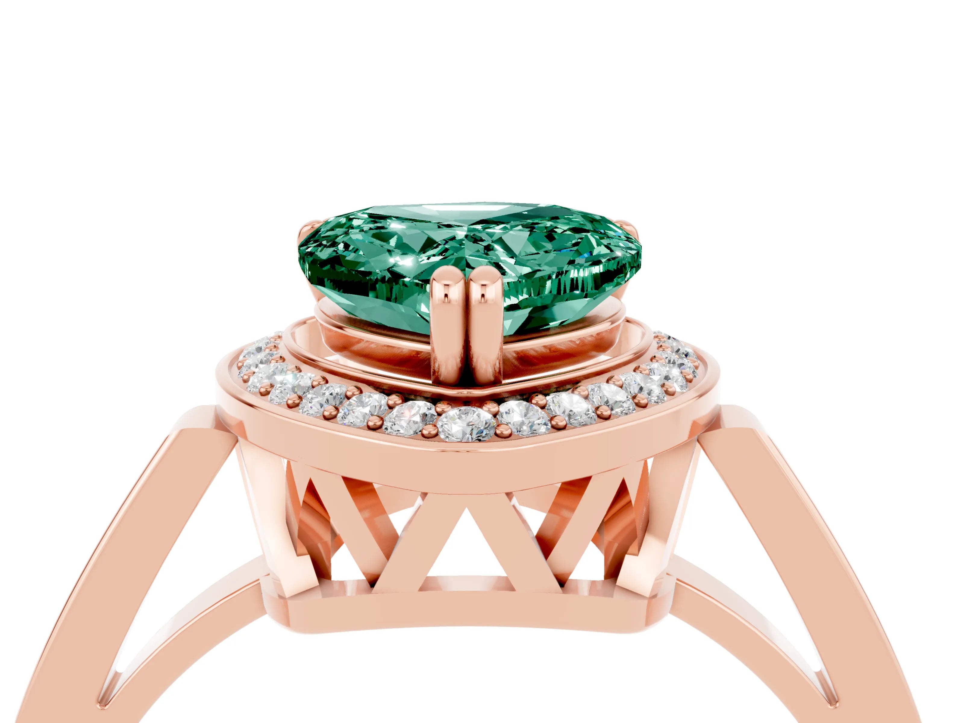 Rose gold {shape_name} Green Sapphire Halo Ring with Split Shank and Four-Prong Setting_4