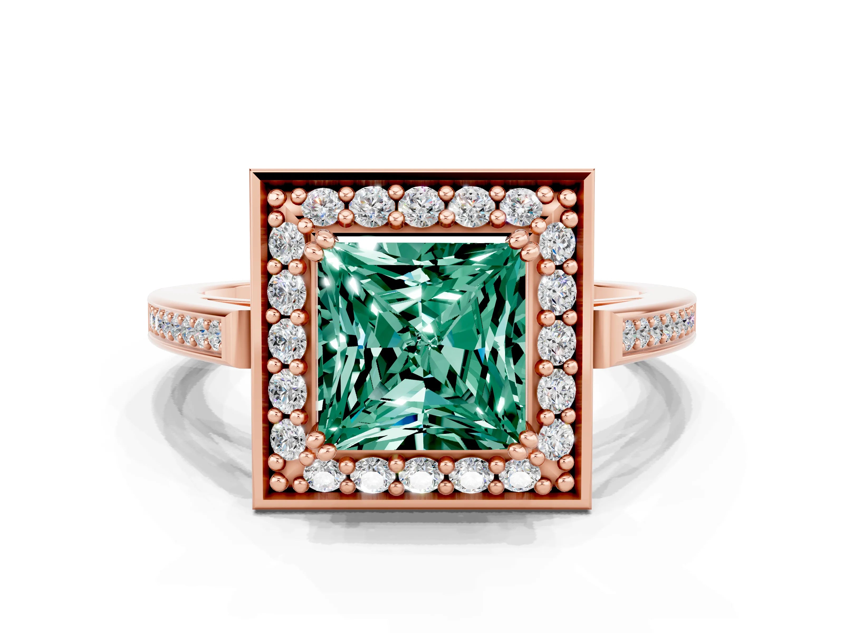 Rose gold {shape_name} Green Sapphire Halo Ring with Split Shank and Four-Prong Setting