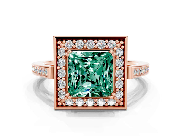 Rose gold Princess Cut Green Sapphire Halo Ring with Split Shank and Four-Prong Setting