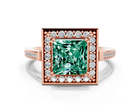 Rose gold {shape_name} Green Sapphire Halo Ring with Split Shank and Four-Prong Setting