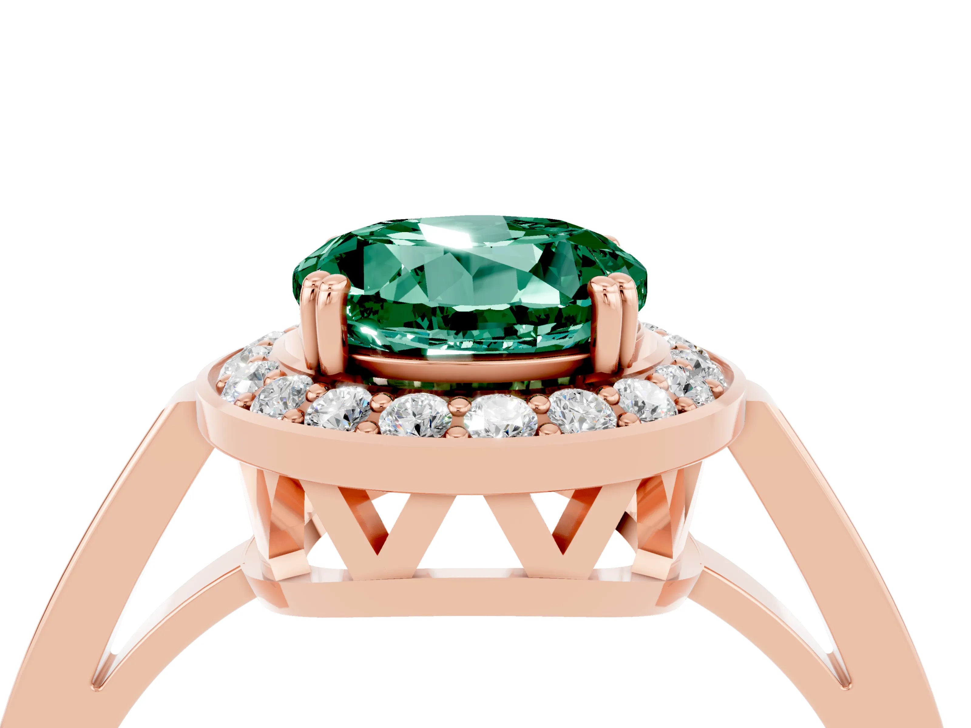 Rose gold {shape_name} Green Sapphire Halo Ring with Split Shank and Four-Prong Setting_4