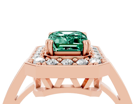 Rose gold {shape_name} Green Sapphire Halo Ring with Split Shank and Four-Prong Setting_4