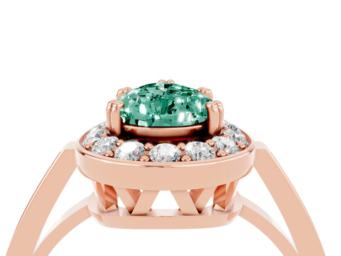 Rose gold {shape_name} Green Sapphire Halo Ring with Split Shank and Four-Prong Setting_4