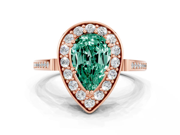 Rose gold Pear Cut Green Sapphire Halo Ring with Split Shank and Four-Prong Setting