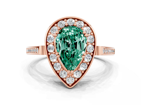 Rose gold {shape_name} Green Sapphire Halo Ring with Split Shank and Four-Prong Setting