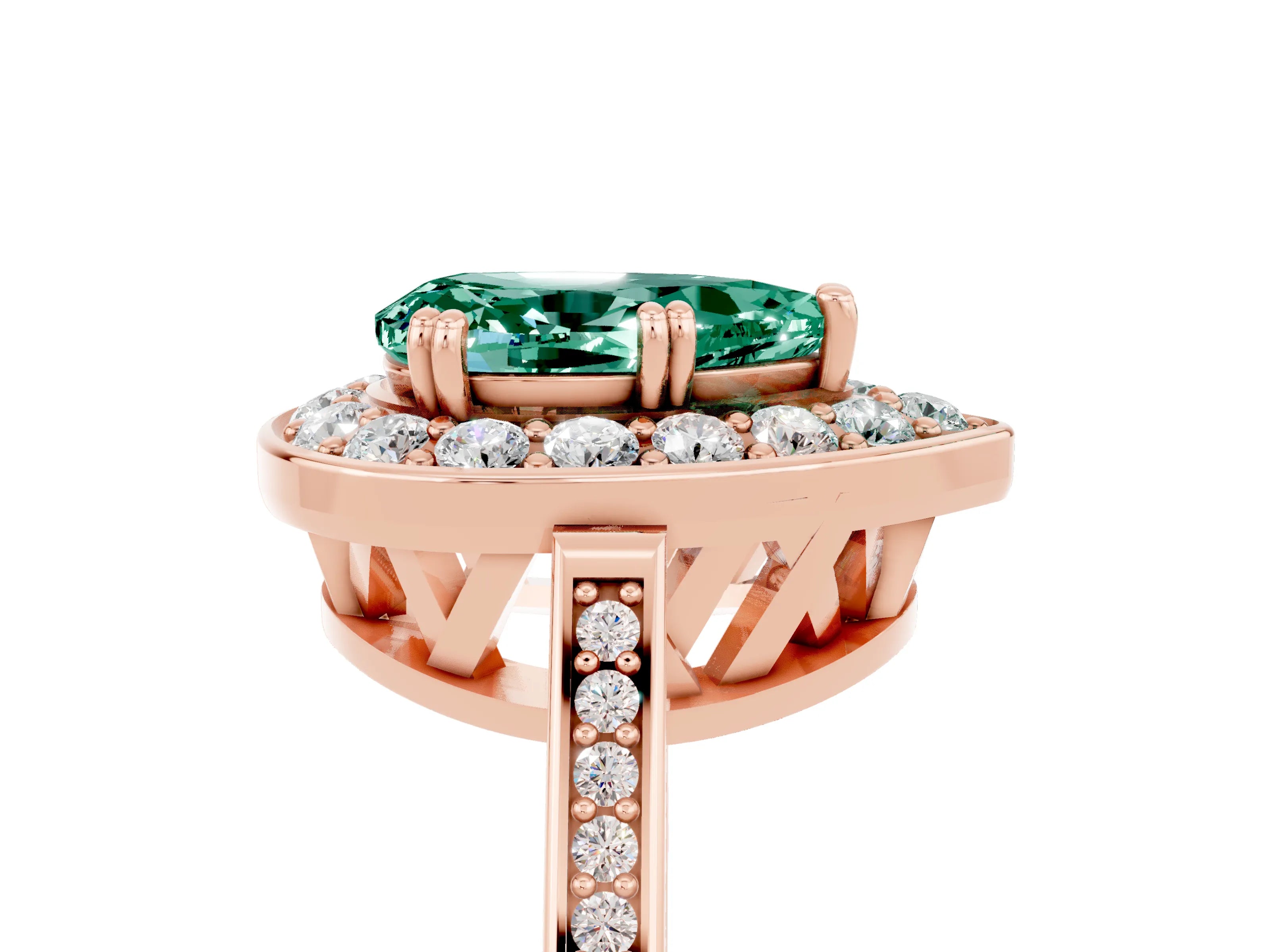 Rose gold {shape_name} Green Sapphire Halo Ring with Split Shank and Four-Prong Setting_5