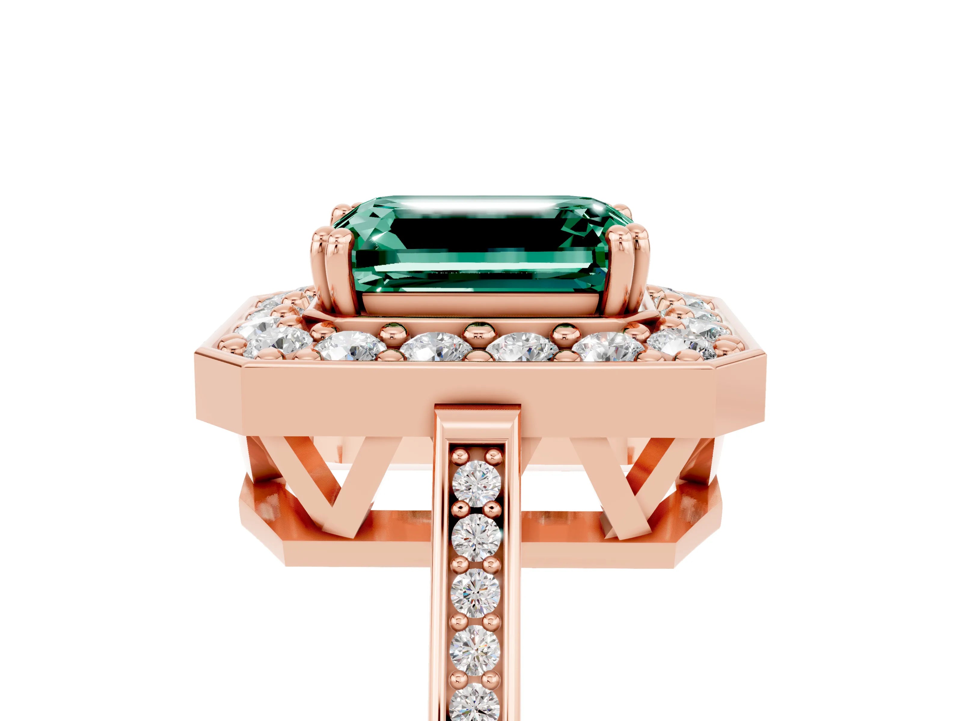 Rose gold {shape_name} Green Sapphire Halo Ring with Split Shank and Four-Prong Setting_5