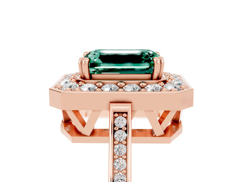 Rose gold {shape_name} Green Sapphire Halo Ring with Split Shank and Four-Prong Setting_5