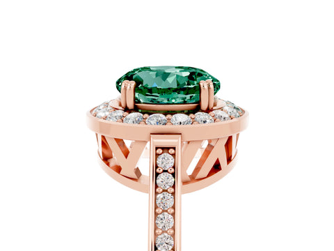Rose gold {shape_name} Green Sapphire Halo Ring with Split Shank and Four-Prong Setting_5