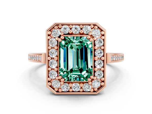 Rose gold Emerald Cut Green Sapphire Halo Ring with Split Shank and Four-Prong Setting