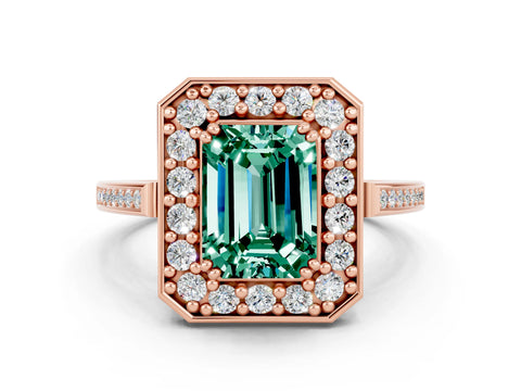 Rose gold {shape_name} Green Sapphire Halo Ring with Split Shank and Four-Prong Setting